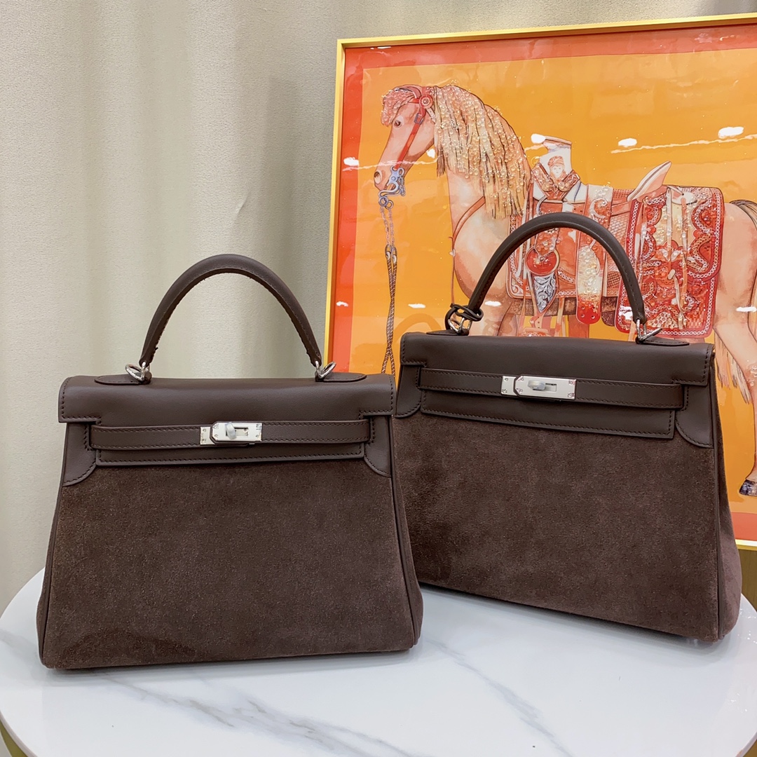 H-Inspired Kelly Haze Coffee Suede - Handbags - Gorchic - $230.99