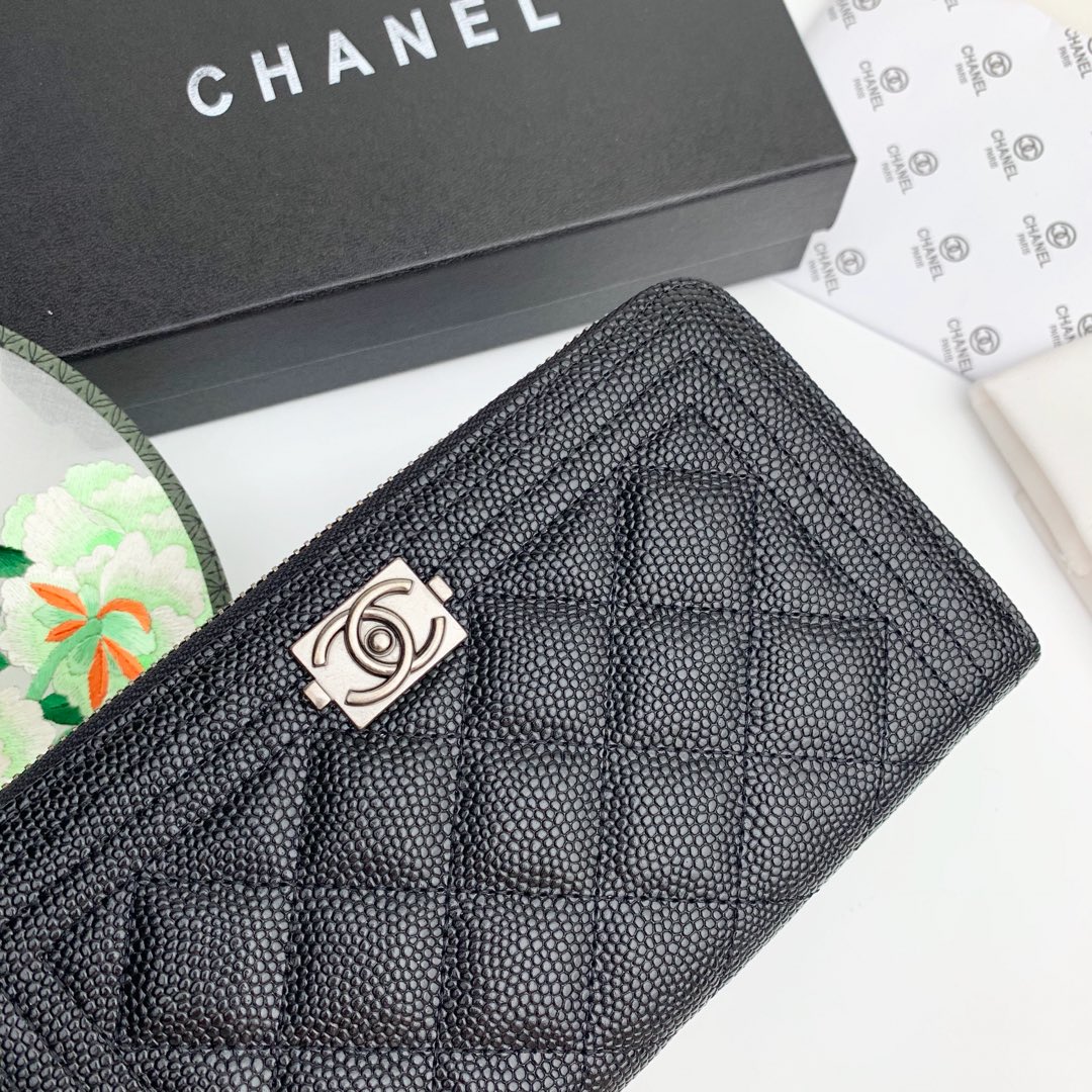 CC Inspired Zip Around Wallet Quilted Caviar Long-Fishseed Pattern Sier Wallet - Gorchic - $52.99