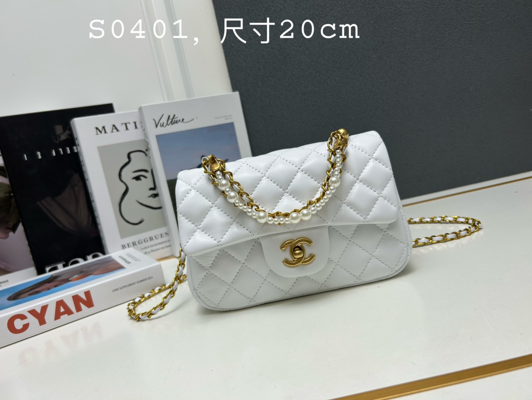 CC Inspired Mini Square Pearl Flap Bag White Leather Gold Hardware - Gorchic - $132.99