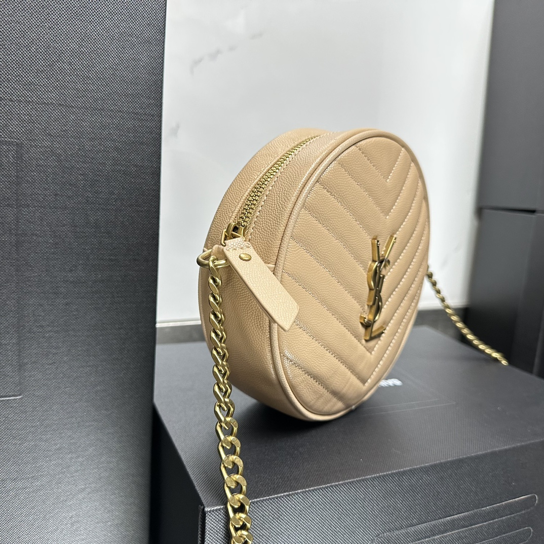 Lady Designer Grain De Poudre Matelasse Chevron Quilted Round Vinyle Camera Bag Dark Beige-Gold hardware - Bag - Gorchic - $131.99