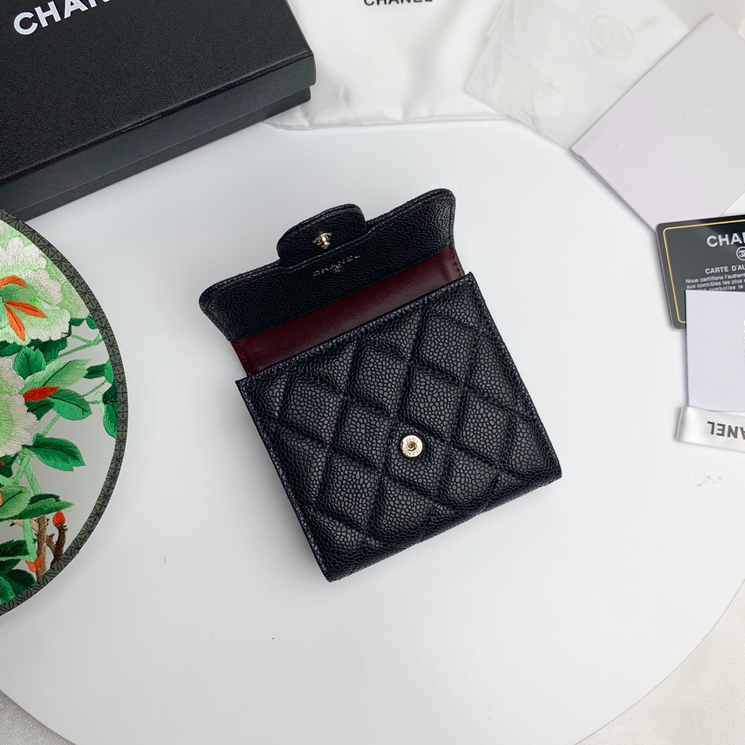 CC Inspired Flap Compact Wallet Quilted Caviar Gold-tone Black - Gorchic - $85.99