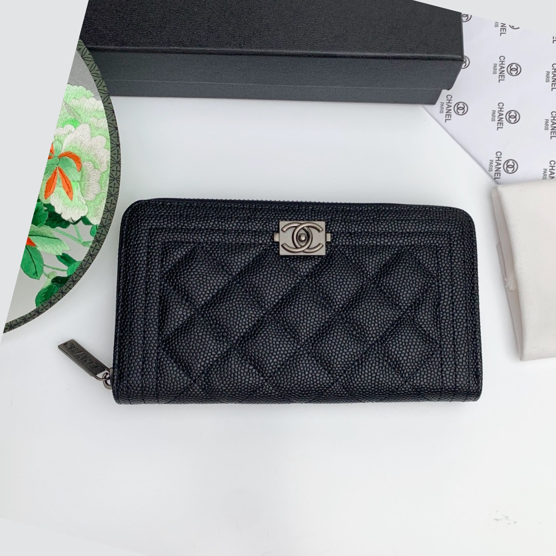 CC Inspired Zip Around Wallet Quilted Caviar Long-Fishseed Pattern Sier Wallet - Gorchic - $52.99