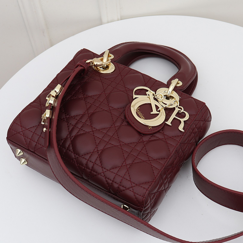 D Inspired Small Lady D Inspired Bag Burgundy Cannage Calfskin Golden Hardware - Bag - Gorchic - $146.99