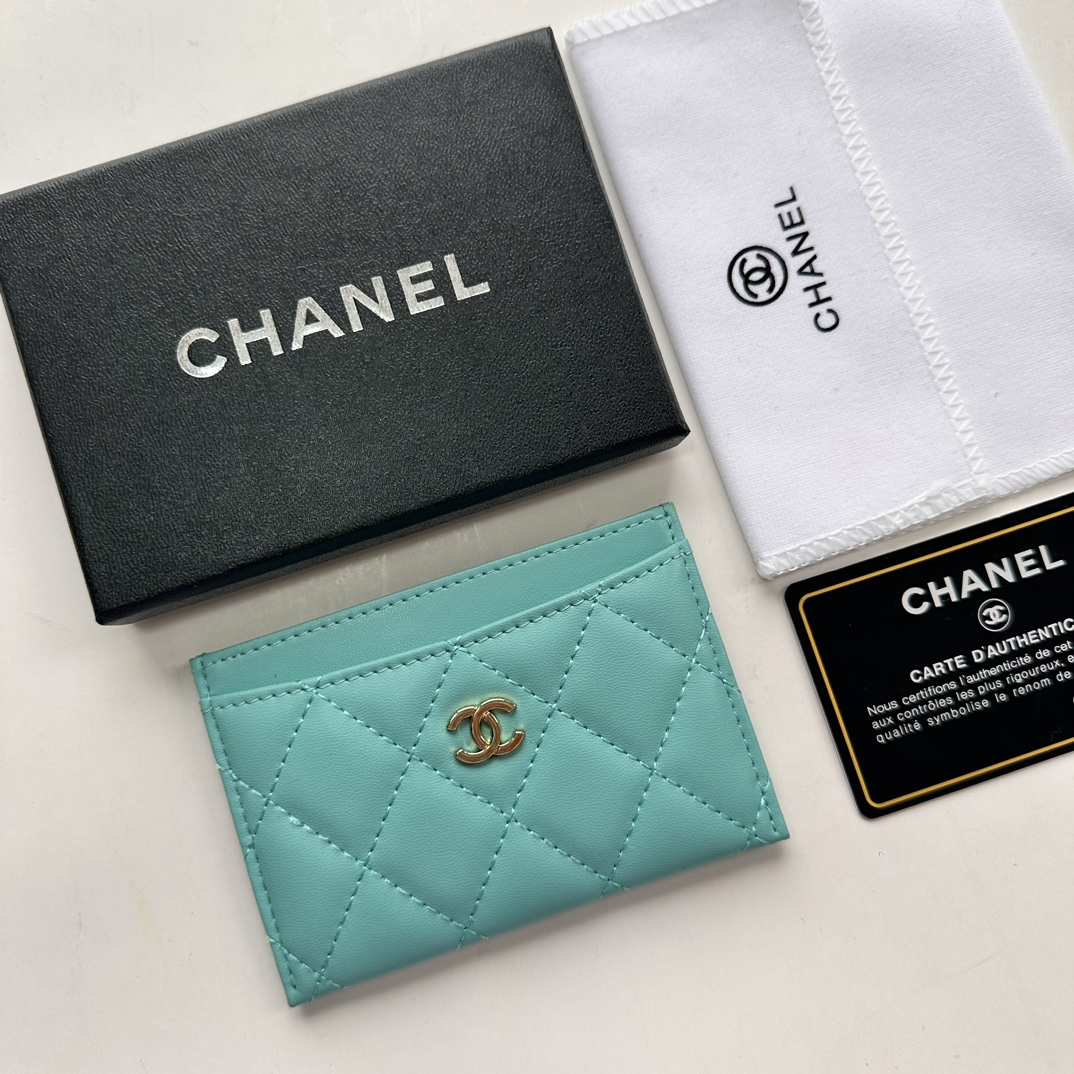 CC Inspired CLASSIC CARD HOLDER Grained Shiny Calfskin & Gold-Tone Metal Light Blue -Wallet - Gorchic - $37.99