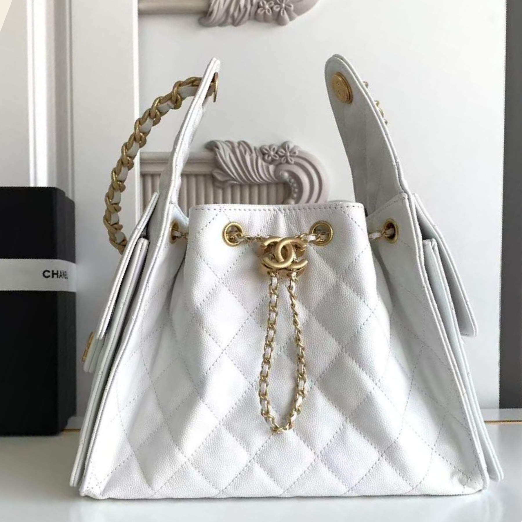 CC Inspired 25 Small Handbag Grained Calfskin & Gold-Tone Metal White -Bag - Gorchic - $152.99
