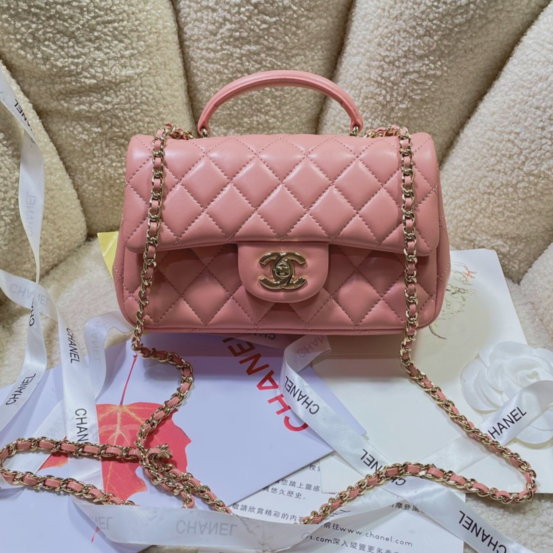 CC Inspired Lambskin Quilted Mini Top Handle Rectangular Flap Pink Bag - Gorchic - $152.99