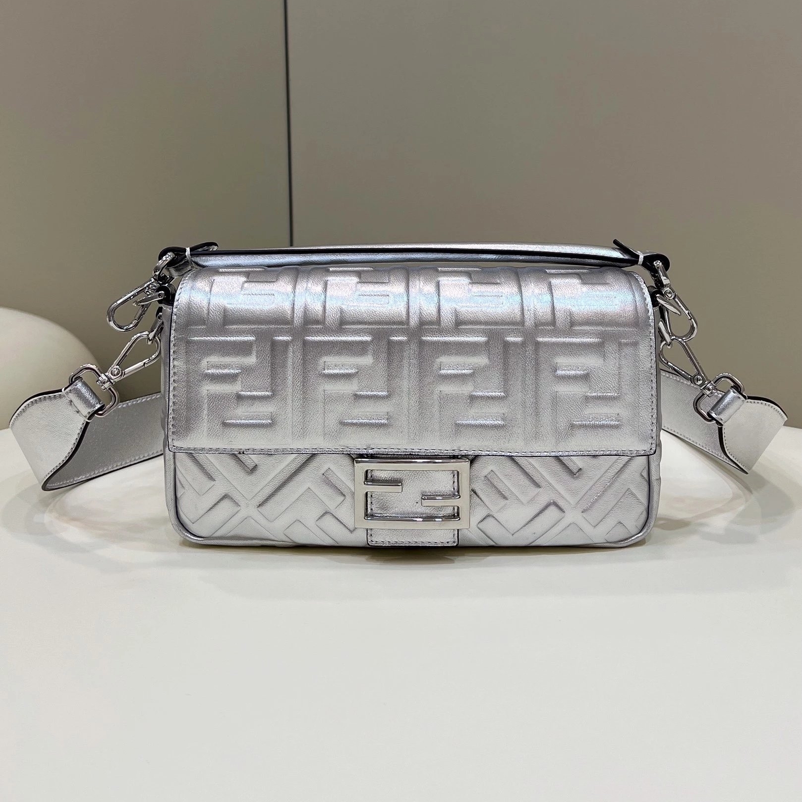 FD Sier Metallic Nappa Embossed Baguette Bag - Gorchic - $138.99