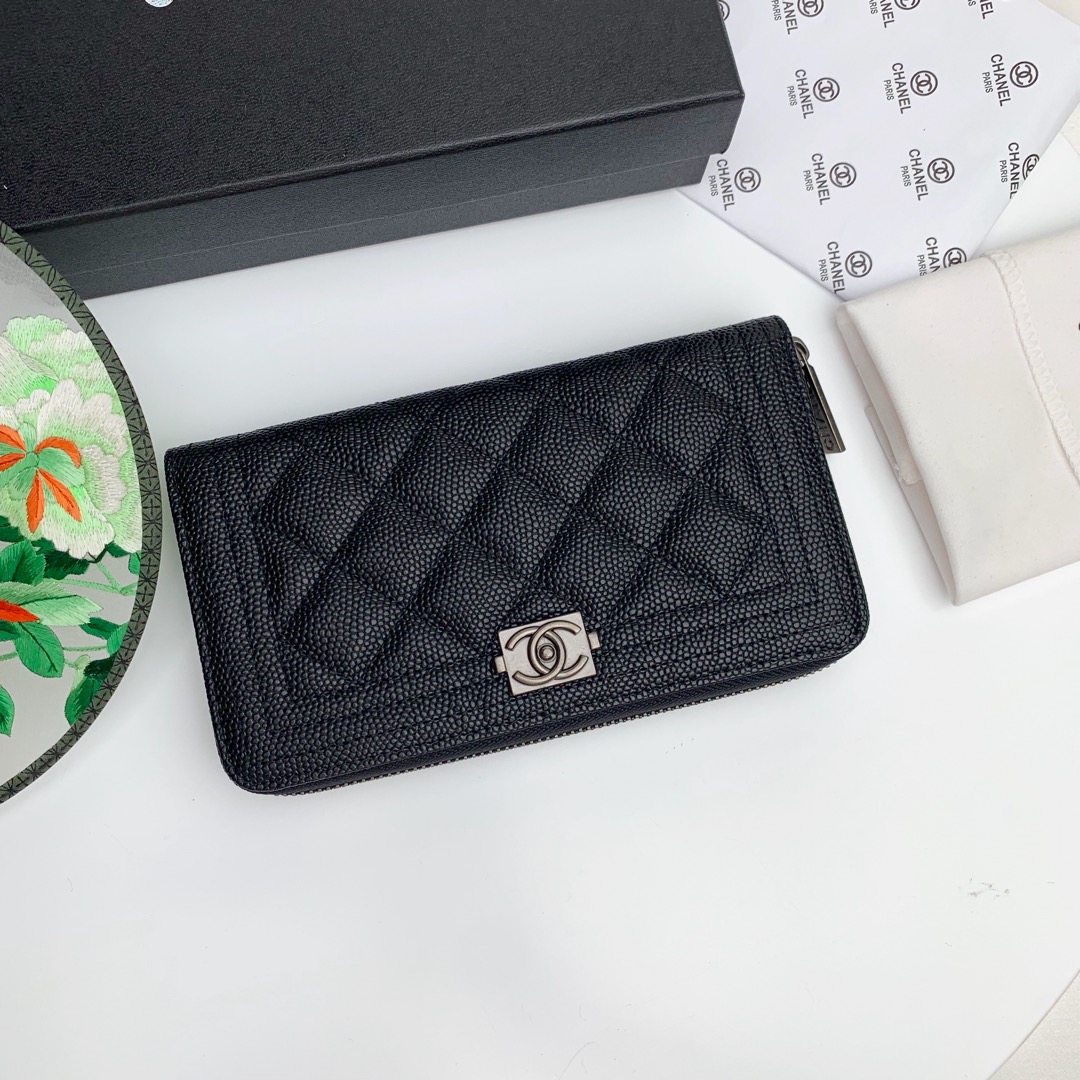 CC Inspired Zip Around Wallet Quilted Caviar Long-Fishseed Pattern Sier Wallet - Gorchic - $52.99