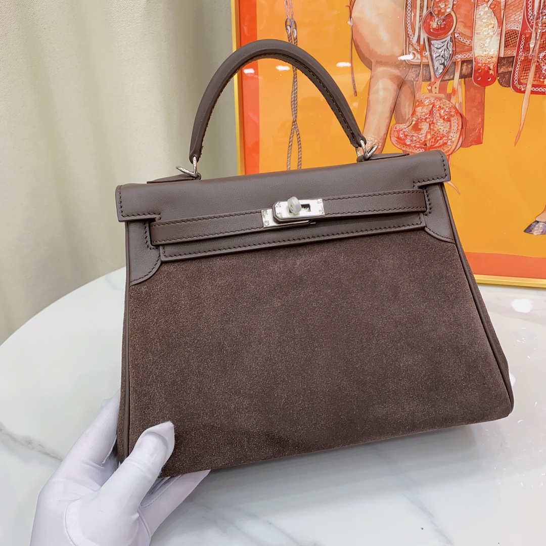 H-Inspired Kelly Haze Coffee Suede - Handbags - Gorchic - $230.99