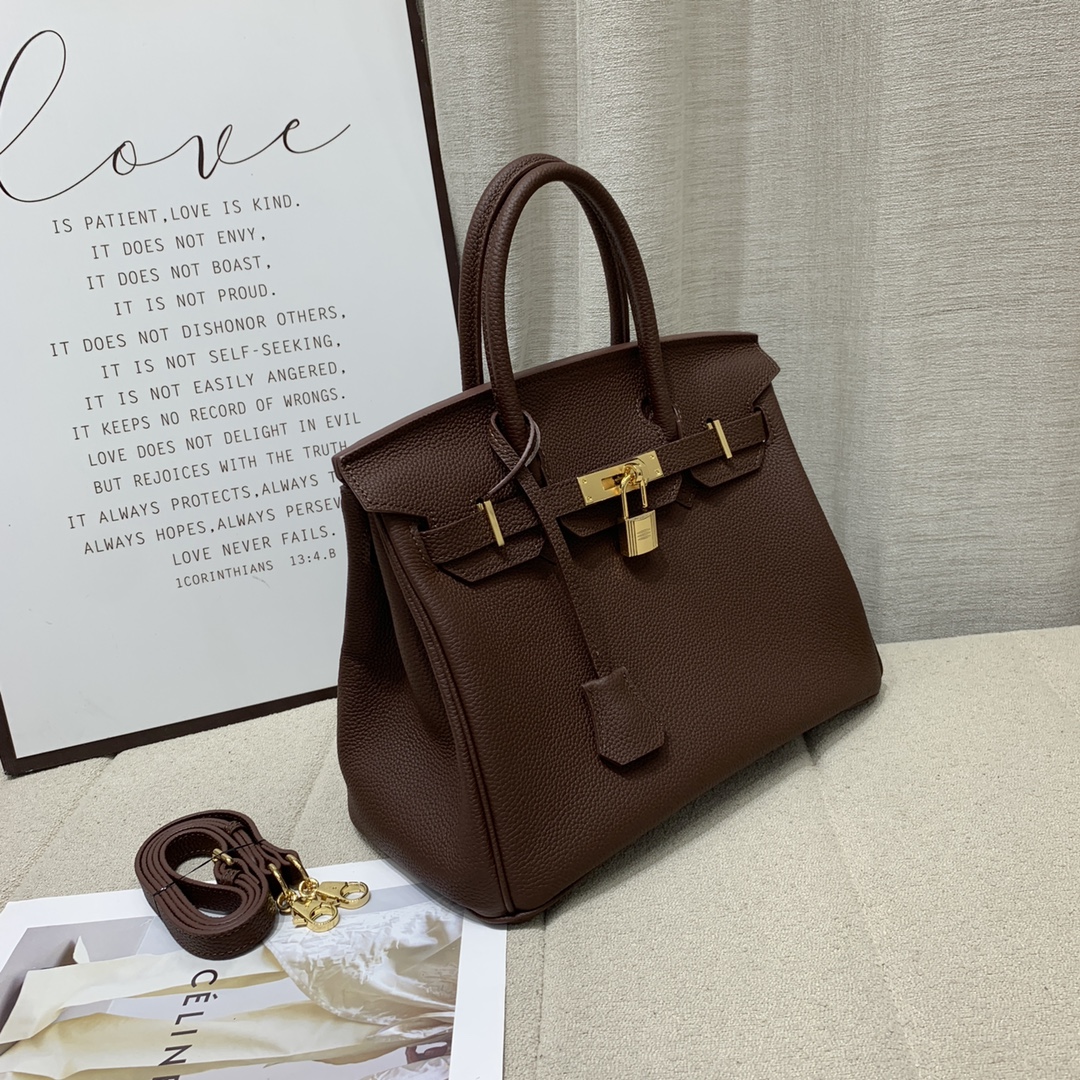 H-Inspired Birkin Togo Retourne Bag Golden-Dark Brown Bag - Gorchic - $185.99