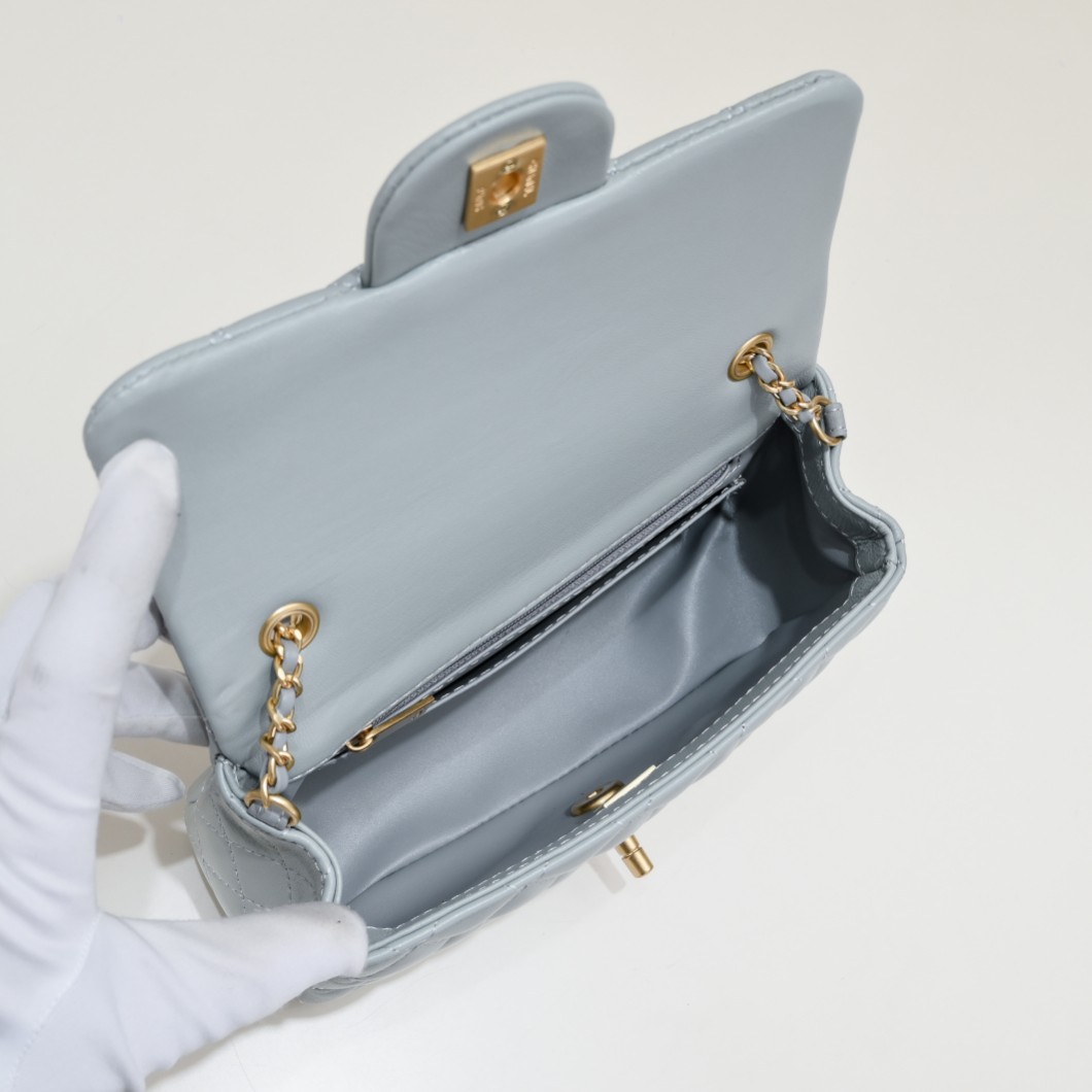 CC Inspired Classic Flag Bag Pearl Crush Mini Rectangular Flap Bag Light Blue Calfskin Antique Gold Hardware - Bag - Gorchic - $117.99