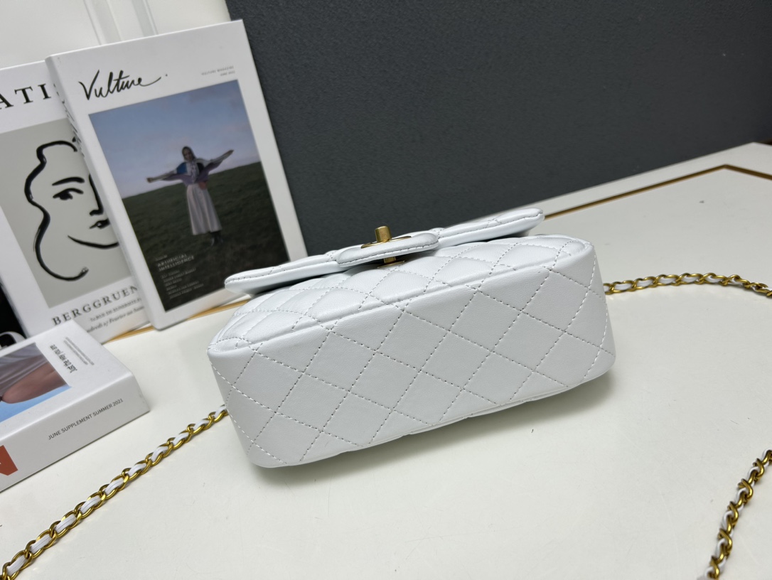 CC Inspired Mini Square Pearl Flap Bag White Leather Gold Hardware - Gorchic - $132.99