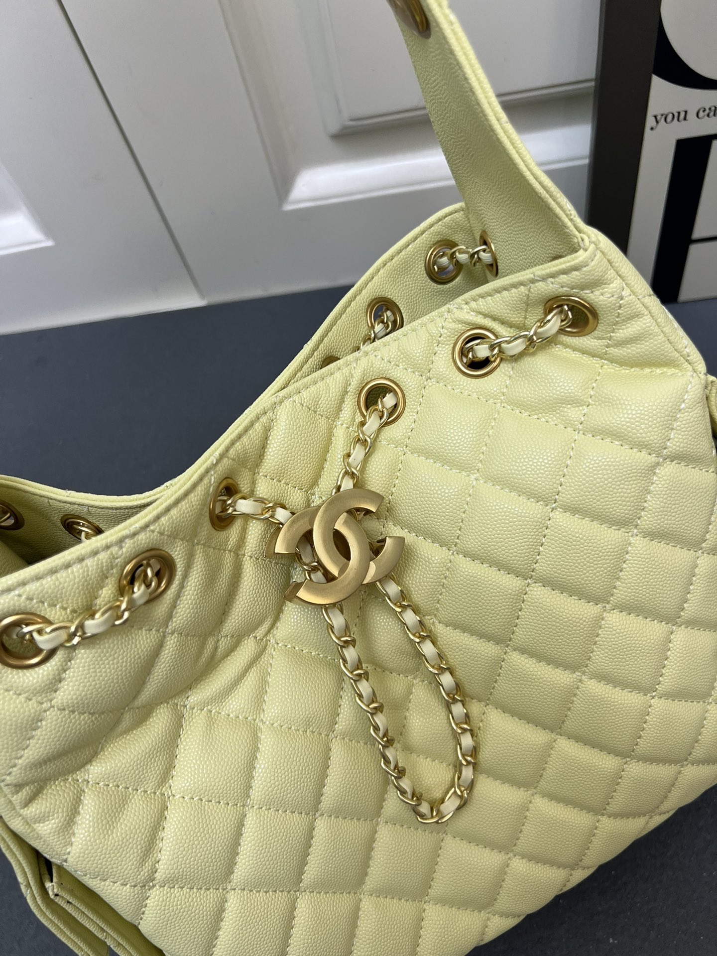 CC Inspired 25 Small Handbag Grained Calfskin & Gold-Tone Metal Light Yellow - Bag - Gorchic - $152.99