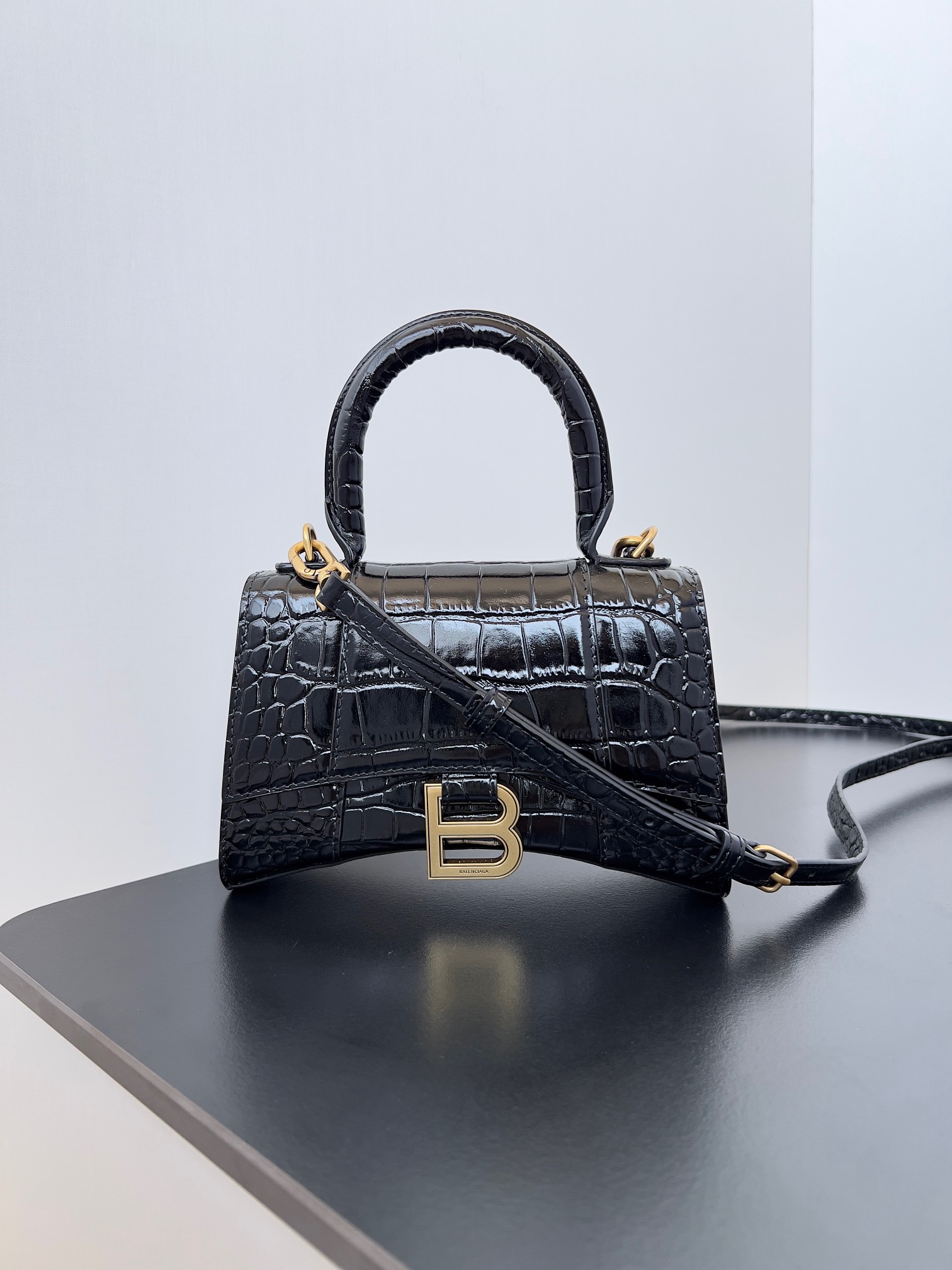 Hourglass iconic WOMEN'S HOURGLASS SMALL HANDBAG CROCODILE EMBOSSED IN BLACK - Bag - Gorchic - $215.99