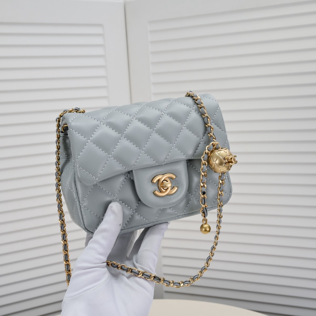 CC Inspired Classic Flag Bag Pearl Crush Mini Rectangular Flap Bag Light Blue Calfskin Antique Gold Hardware - Bag - Gorchic - $117.99