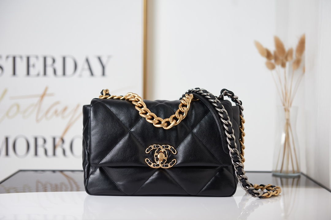 CC Inspired Calfskin Quilted Large CC Inspired 19 Flap Black -Golden - Bag - Gorchic - $121.99