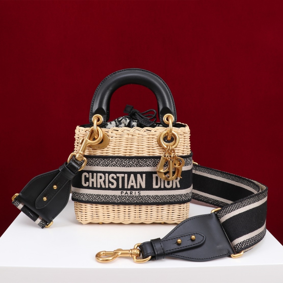 D Inspired Lady D Inspired Natural Wicker and Blue D Inspired Oblique Jacquard Handbag - Bag - Gorchic - $173.99