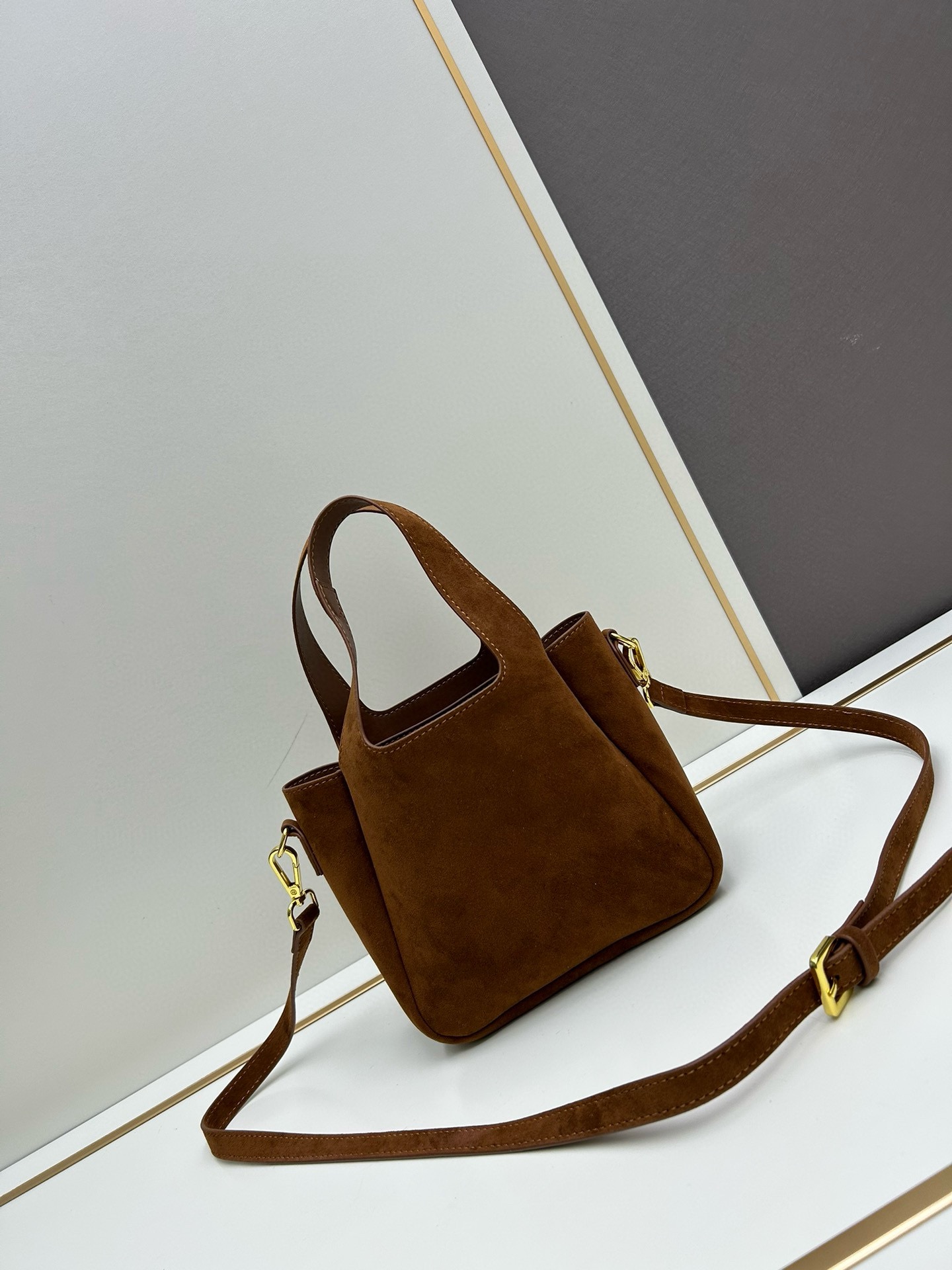 Saffiano texture Suede Brown Mini Tote Bag - Gorchic - $120.99