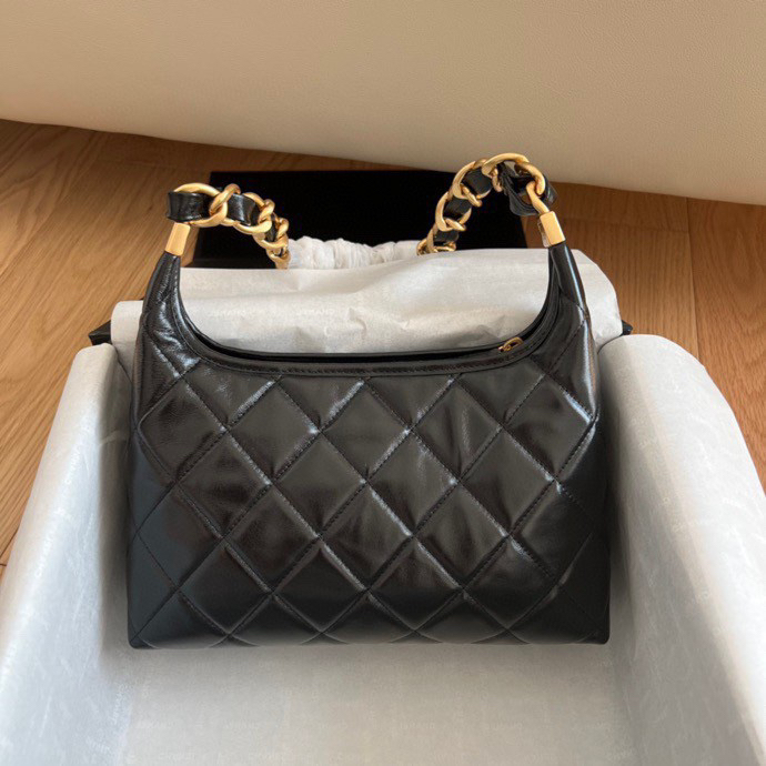 CC Inspired 24A Hobo Small Bag Shiny Calfskin & Gold-Tone Metal Black - Bag - Gorchic - $121.99