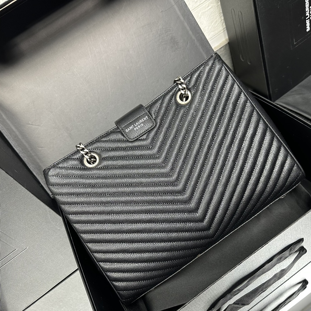 Lady Designer Black Matelasse Leather Cassandre Large Shopper Tote-Sier Hardware - Bag - Gorchic - $153.99