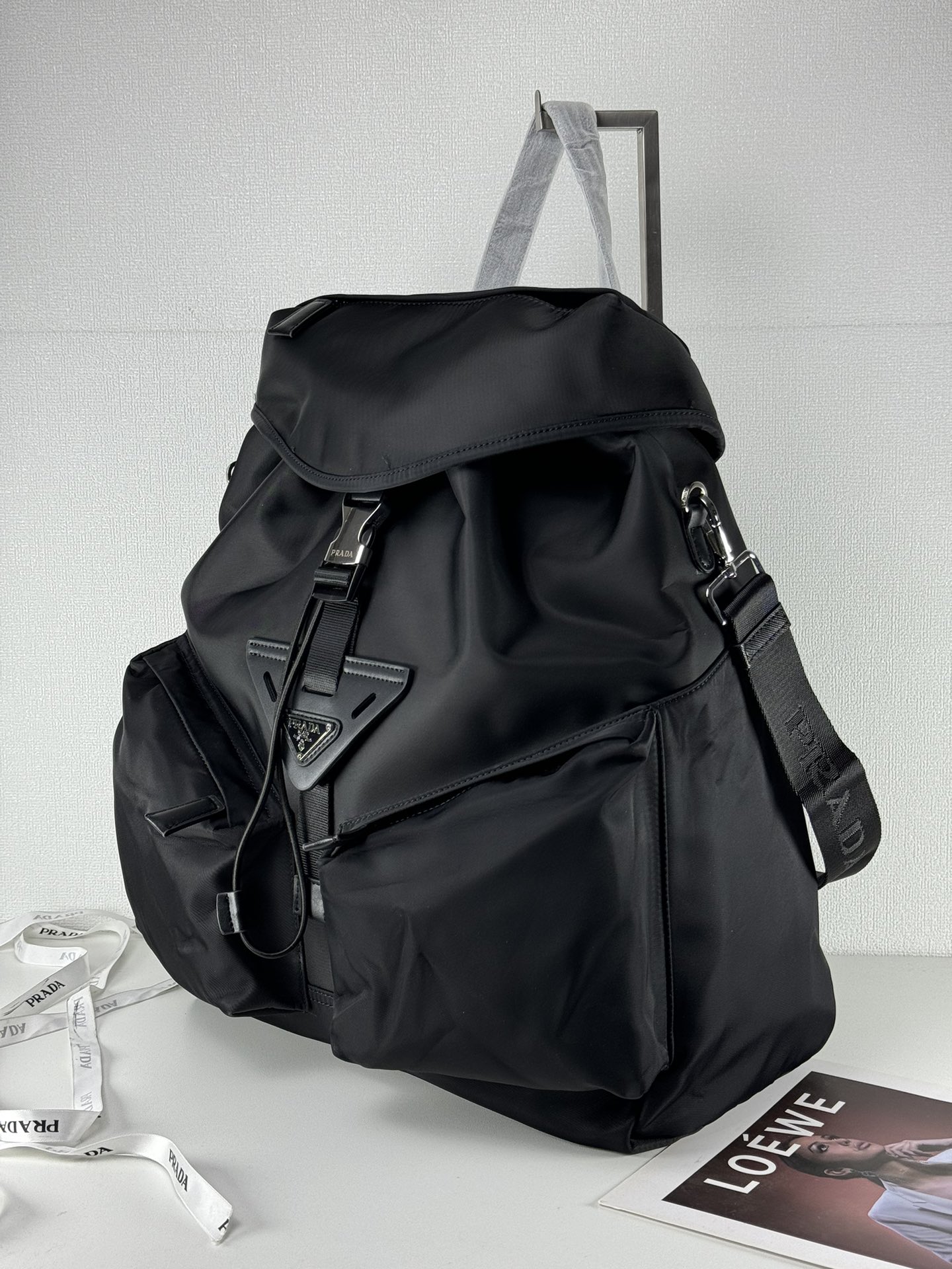 Saffiano texture Re-Nylon and leather backpack Black Bag - Gorchic - $157.99