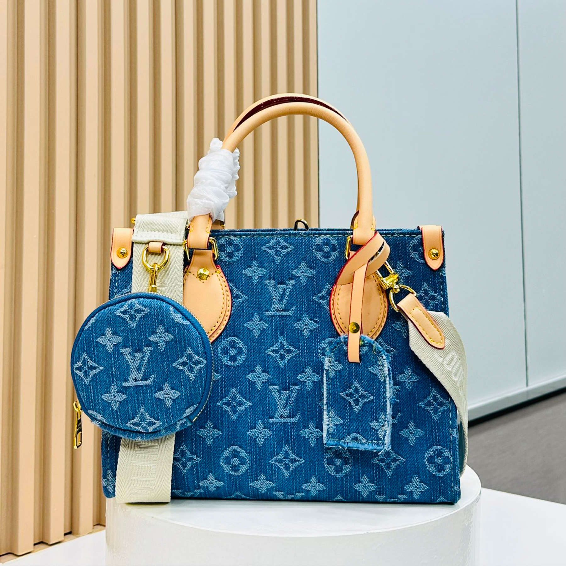 Designer Monogram Jacquard Denim Onthego Blue Bag - Gorchic - $114.99