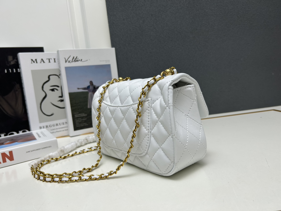 CC Inspired Mini Square Pearl Flap Bag White Leather Gold Hardware - Gorchic - $132.99