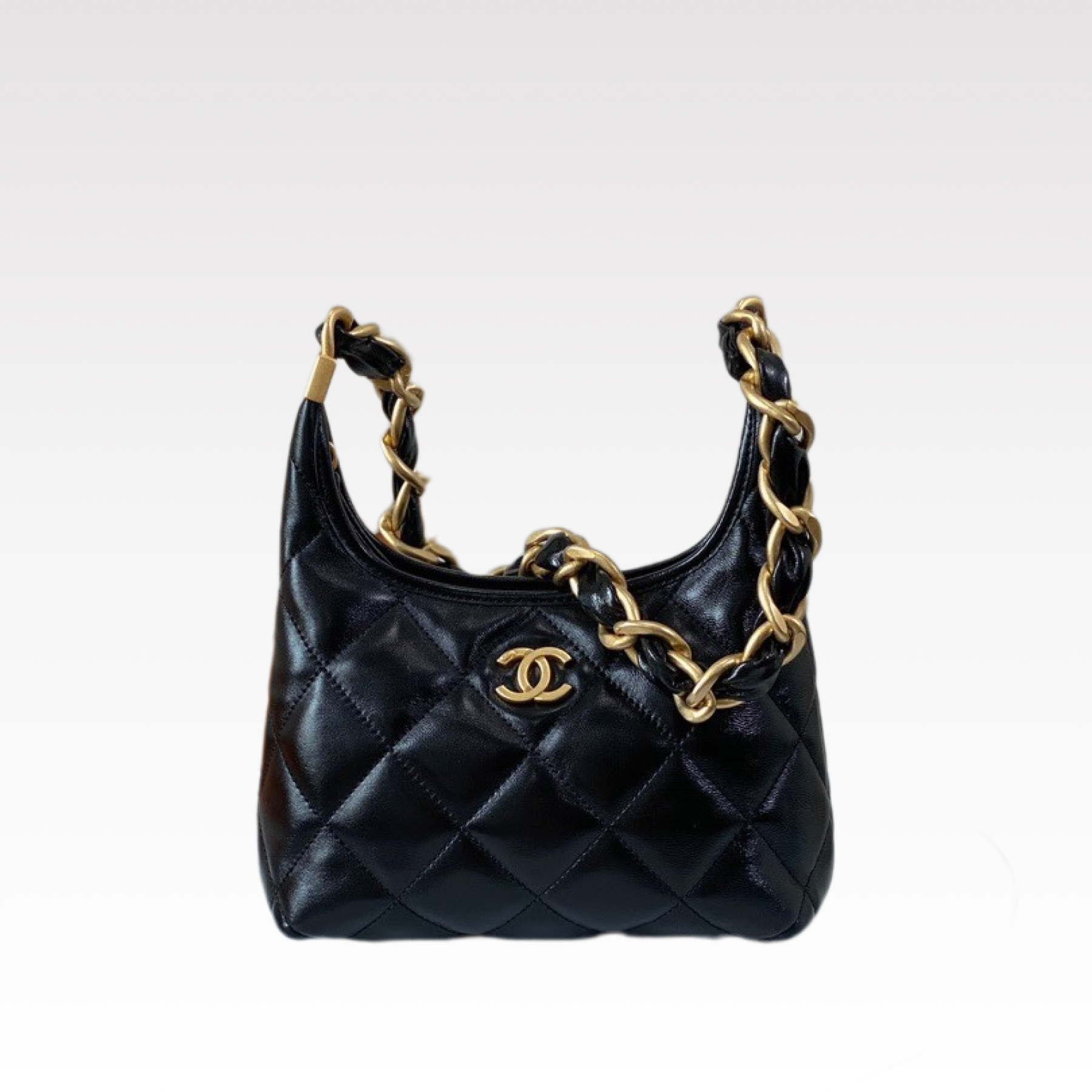 CC Inspired 24A Hobo Small Bag Shiny Calfskin & Gold-Tone Metal Black - Bag - Gorchic - $121.99