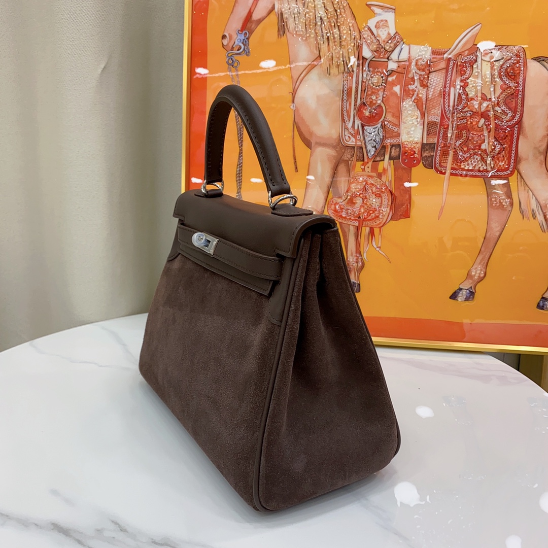 H-Inspired Kelly Haze Coffee Suede - Handbags - Gorchic - $230.99