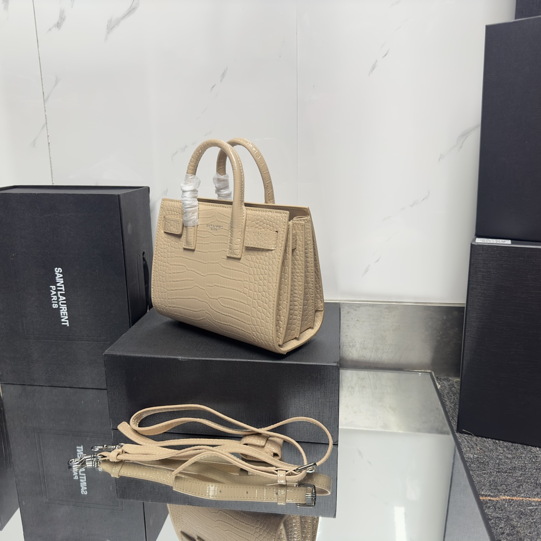 Lady Designer Beige Croc Embossed Leather Nano Classic Sac De Jour Tote - Bag - Gorchic - $175.99