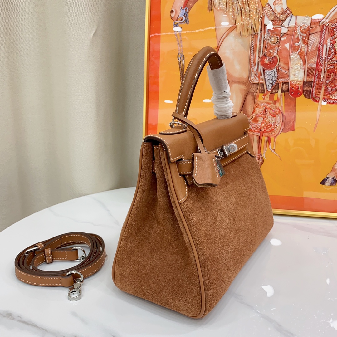H-Inspired Kelly Haze Brown Suede - Handbags - Gorchic - $230.99