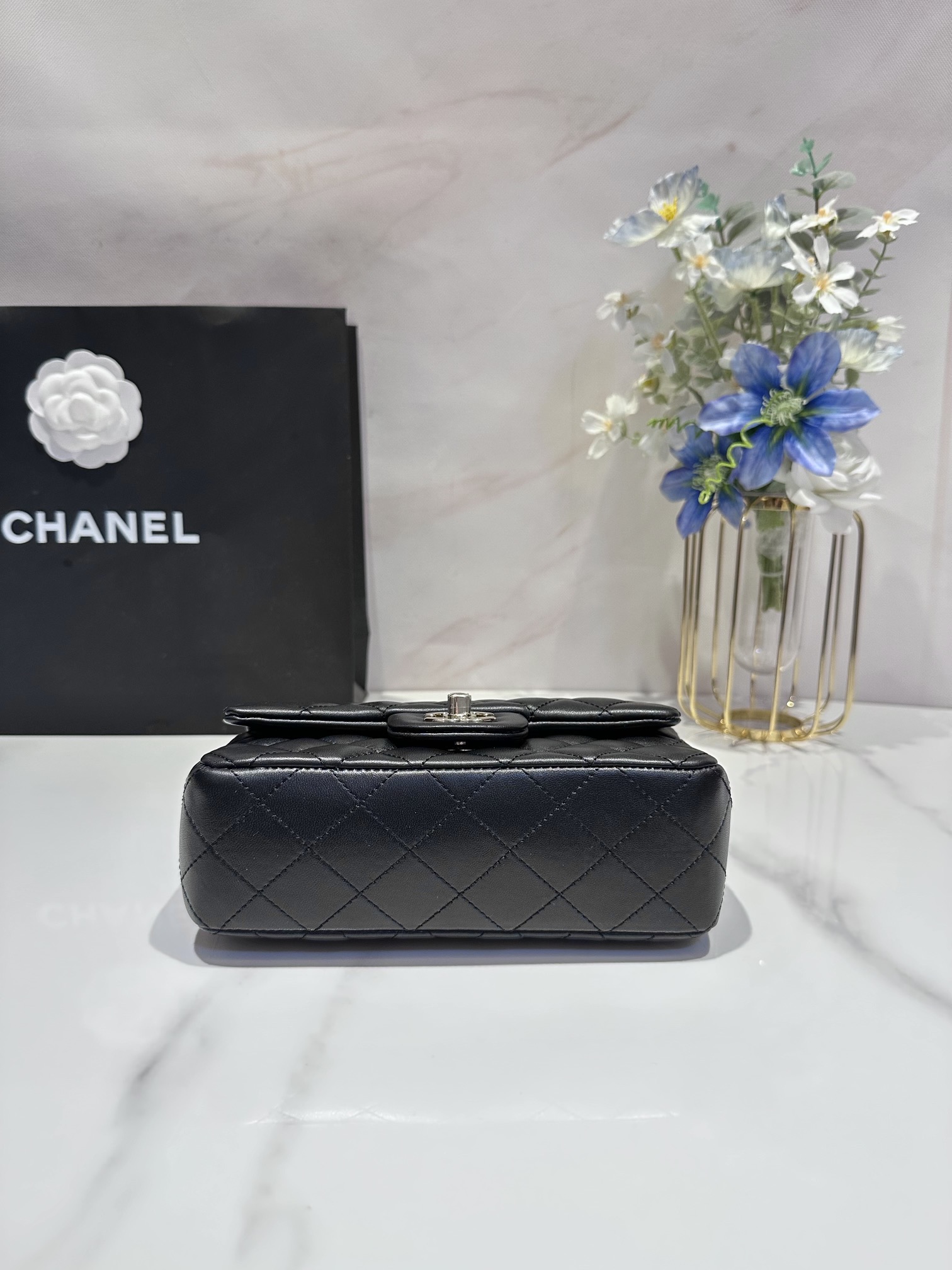 CC Inspired Lambskin Quilted Mini Top Handle Rectangular Flap Black Sier Hardwear Bag - Gorchic - $152.99