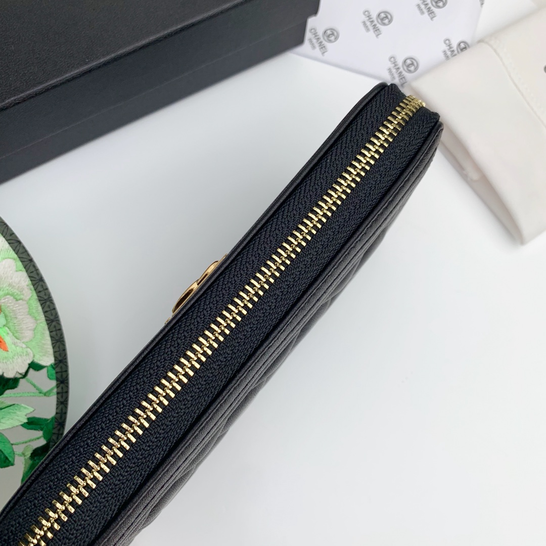 CC Inspired Zip Around Wallet Quilted Caviar Long-Plain Gold Wallet - Gorchic - $52.99