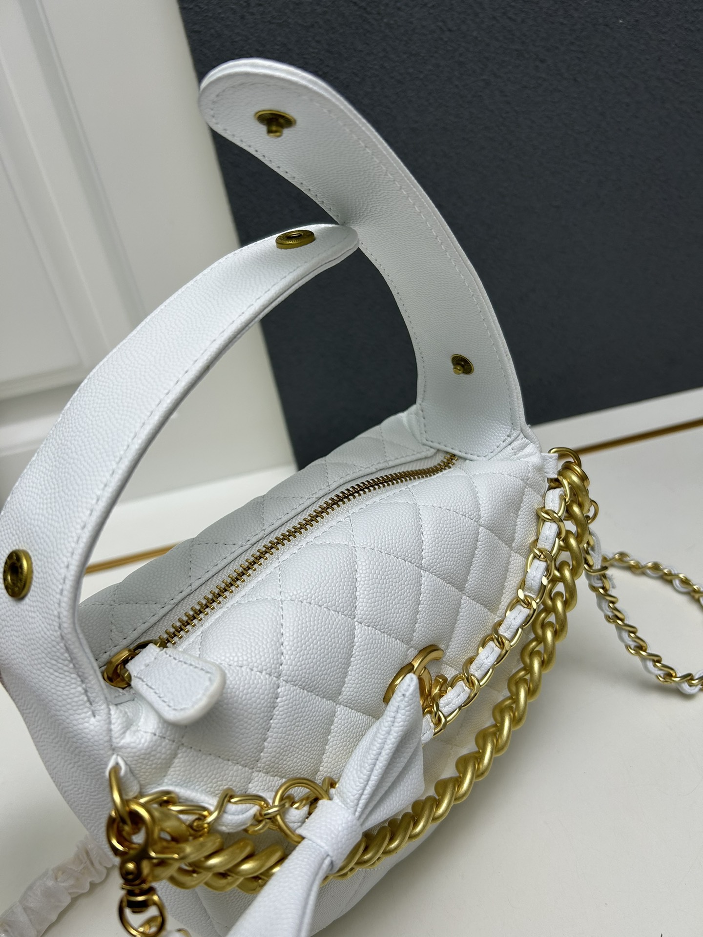 CC Inspired Shiny Caviar Quilted Bow Pouch Hobo White - Gorchic - $145.99
