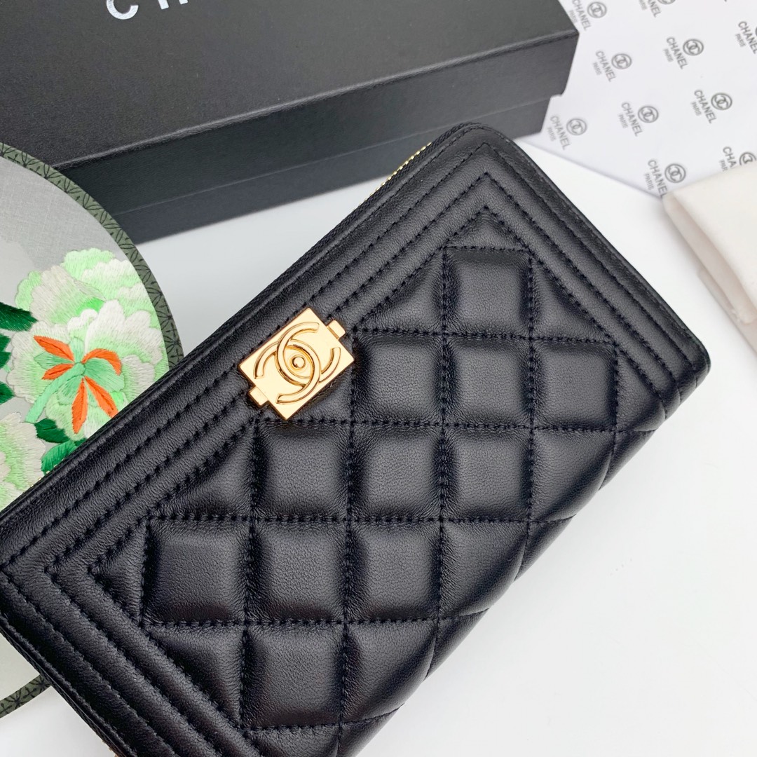 CC Inspired Zip Around Wallet Quilted Caviar Long-Plain Gold Wallet - Gorchic - $52.99