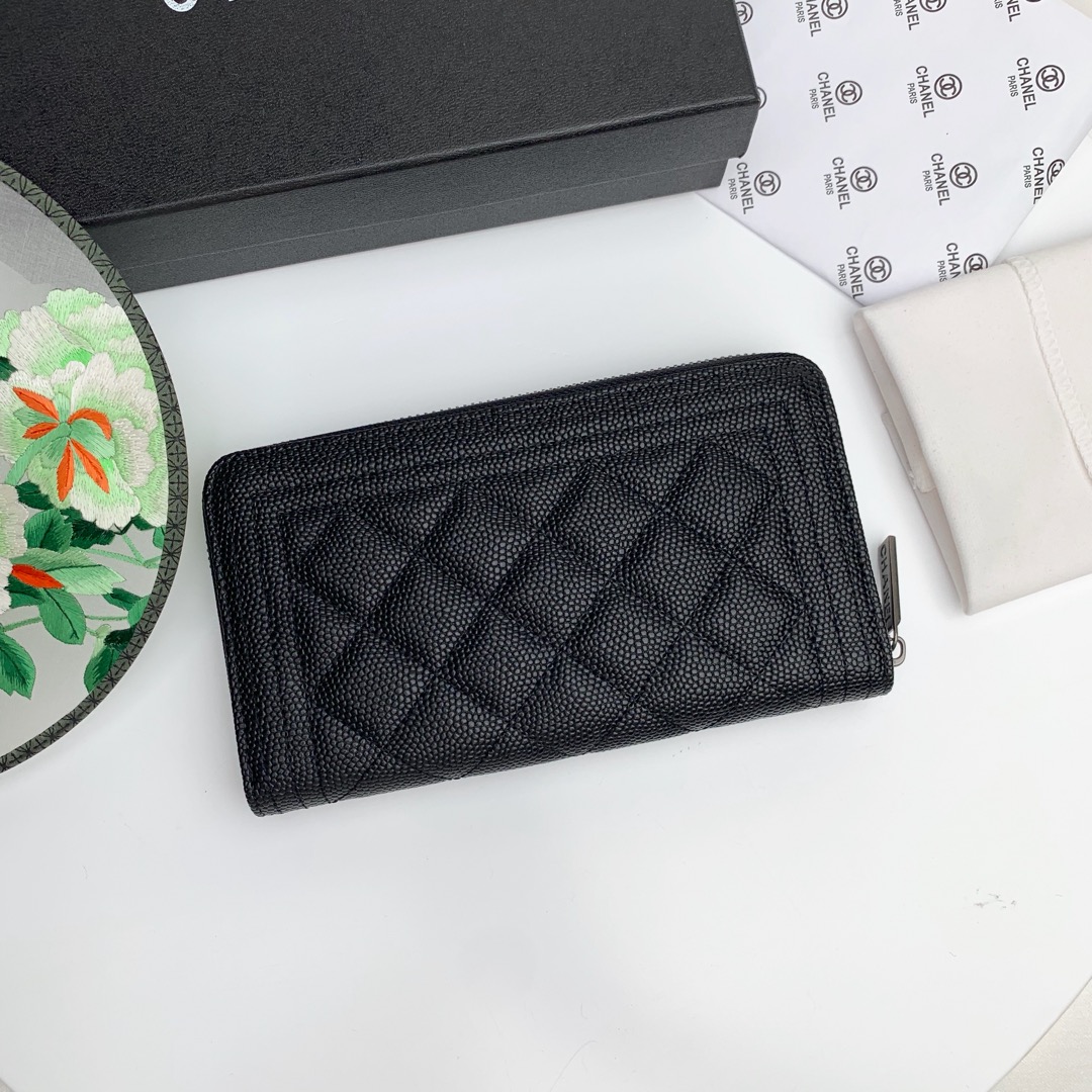 CC Inspired Zip Around Wallet Quilted Caviar Long-Fishseed Pattern Sier Wallet - Gorchic - $52.99