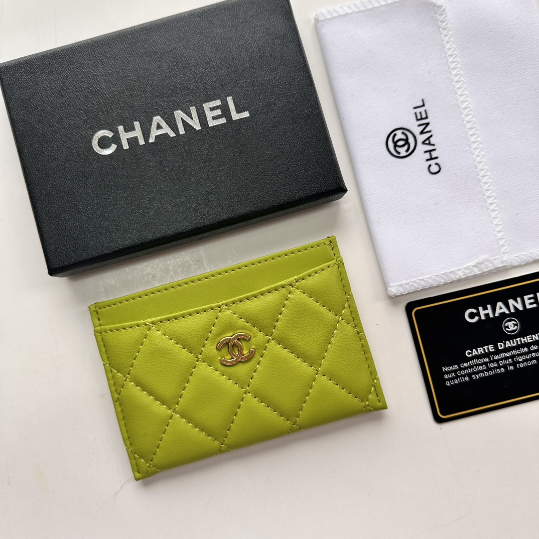 CC Inspired CLASSIC CARD HOLDER Grained Shiny Calfskin & Gold-Tone Metal Green -Wallet - Gorchic - $37.99