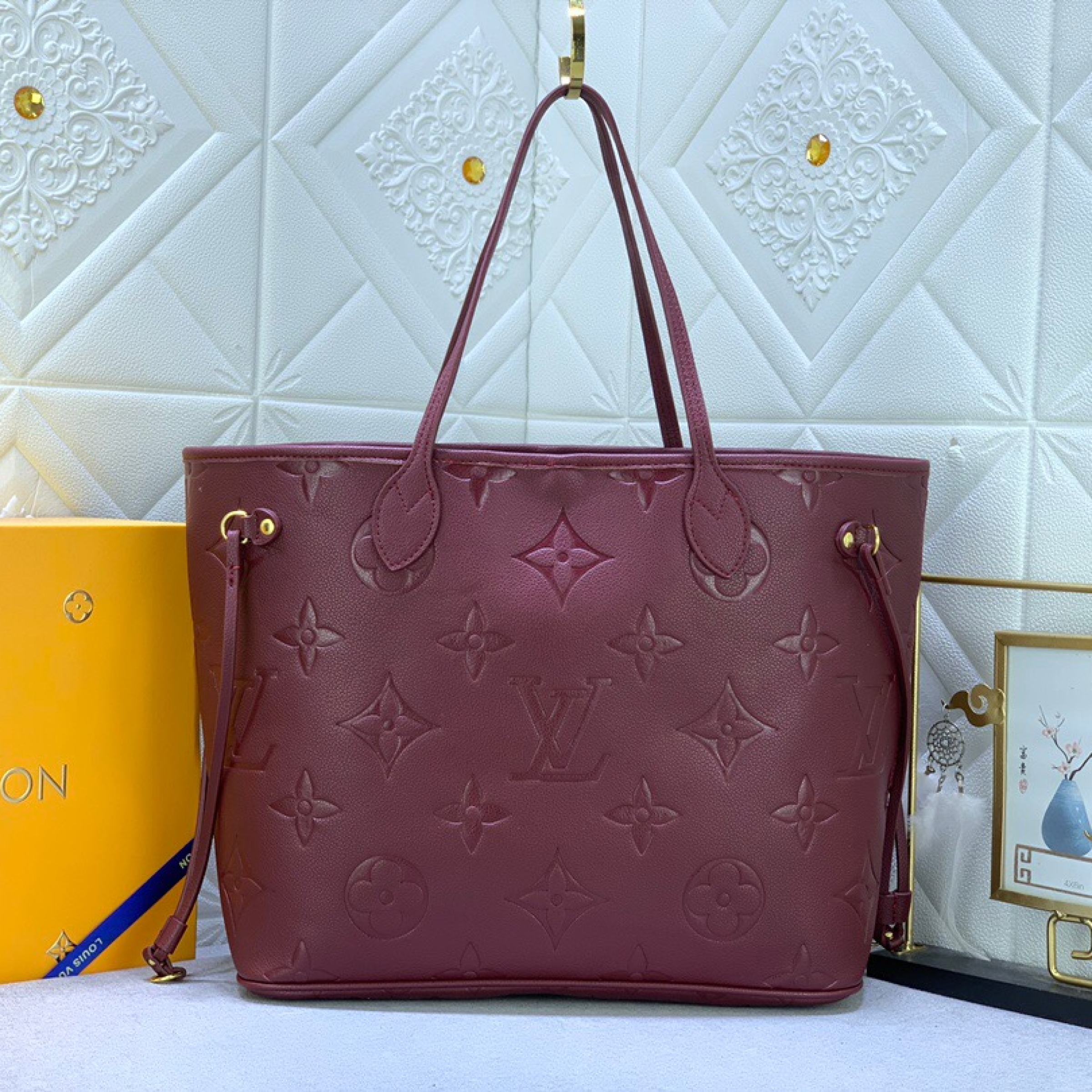 Designer Monogram Empreinte Leatherr Canvas Neverfull MM Wine Bag - Gorchic - $118.99