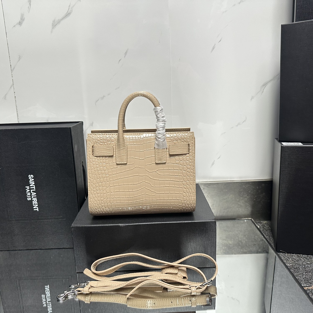 Lady Designer Beige Croc Embossed Leather Nano Classic Sac De Jour Tote - Bag - Gorchic - $175.99