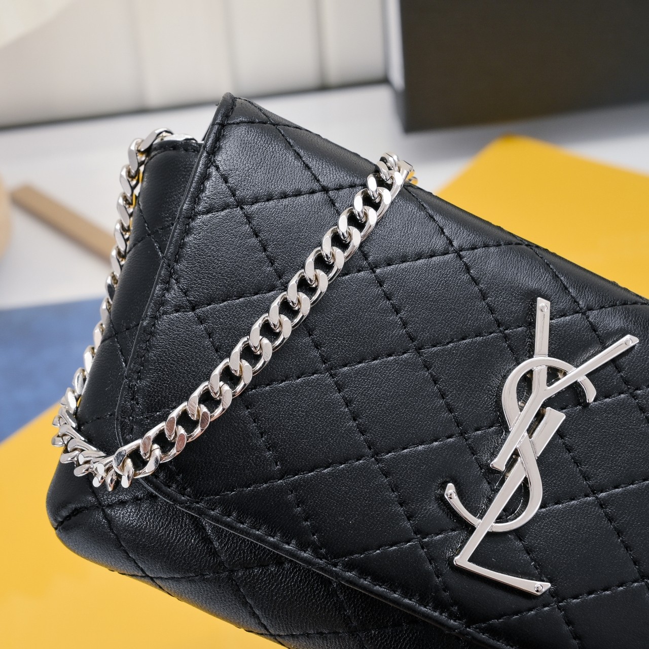 Lady Designer BLACK GABY CHAIN PHONE HOLDER IN QUILTED Calfskin-SLIVER HARDWARE - Bag - Gorchic - $122.99