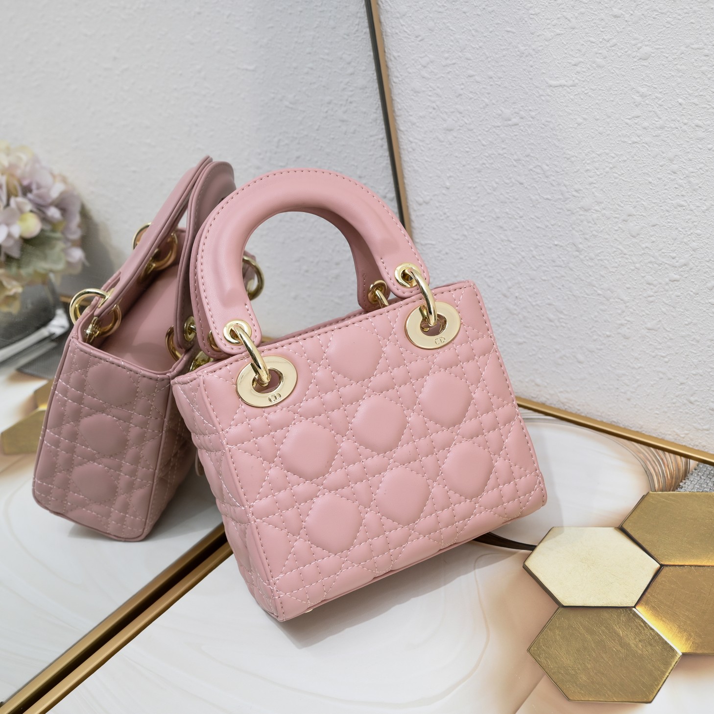 D Inspired Mini Lady D Inspired Bag Pink Cannage Calfskin Golden Hardware - Bag - Gorchic - $138.99