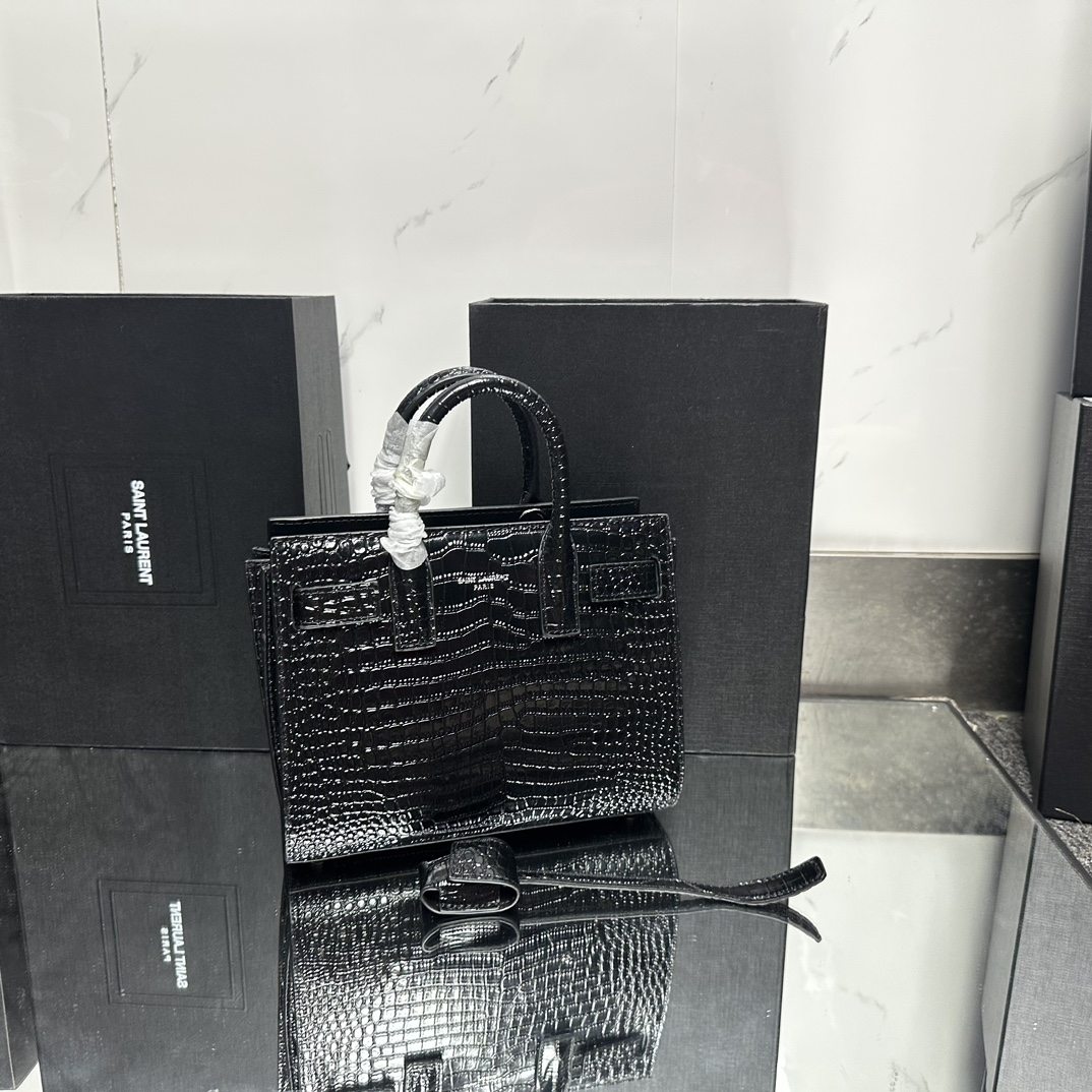 Lady Designer Black Croc Embossed Leather Nano Classic Sac De Jour Tote - Bag - Gorchic - $175.99