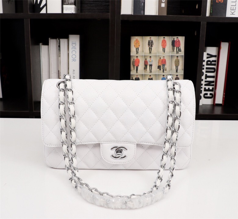 CC Inspired Classic Double Flap Bag White Caviar Sier Hardware - Bag - Gorchic - $122.99