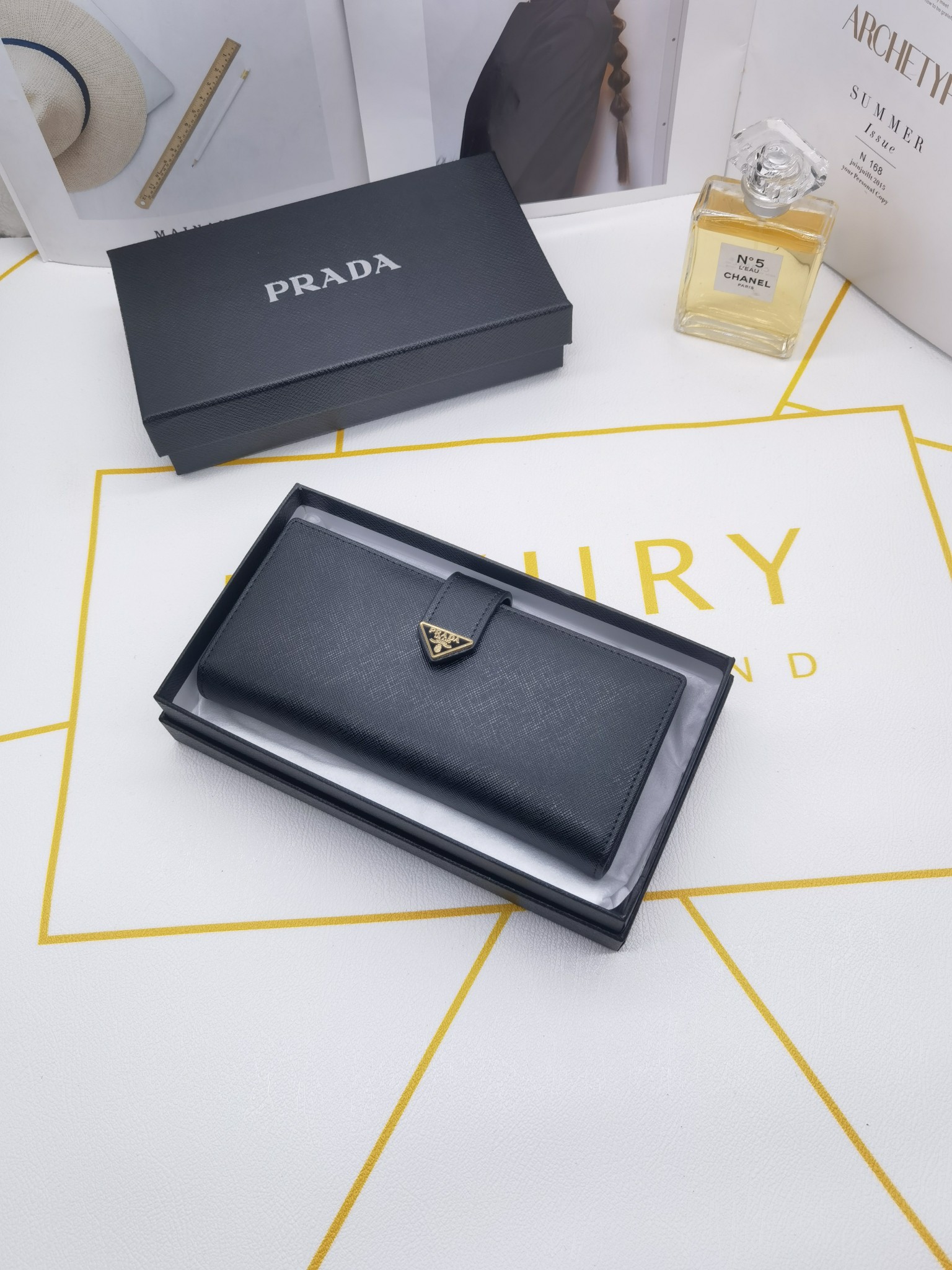 Saffiano texture Saffiano Leather Long Wallet- Black Wallet - Gorchic - $65.99