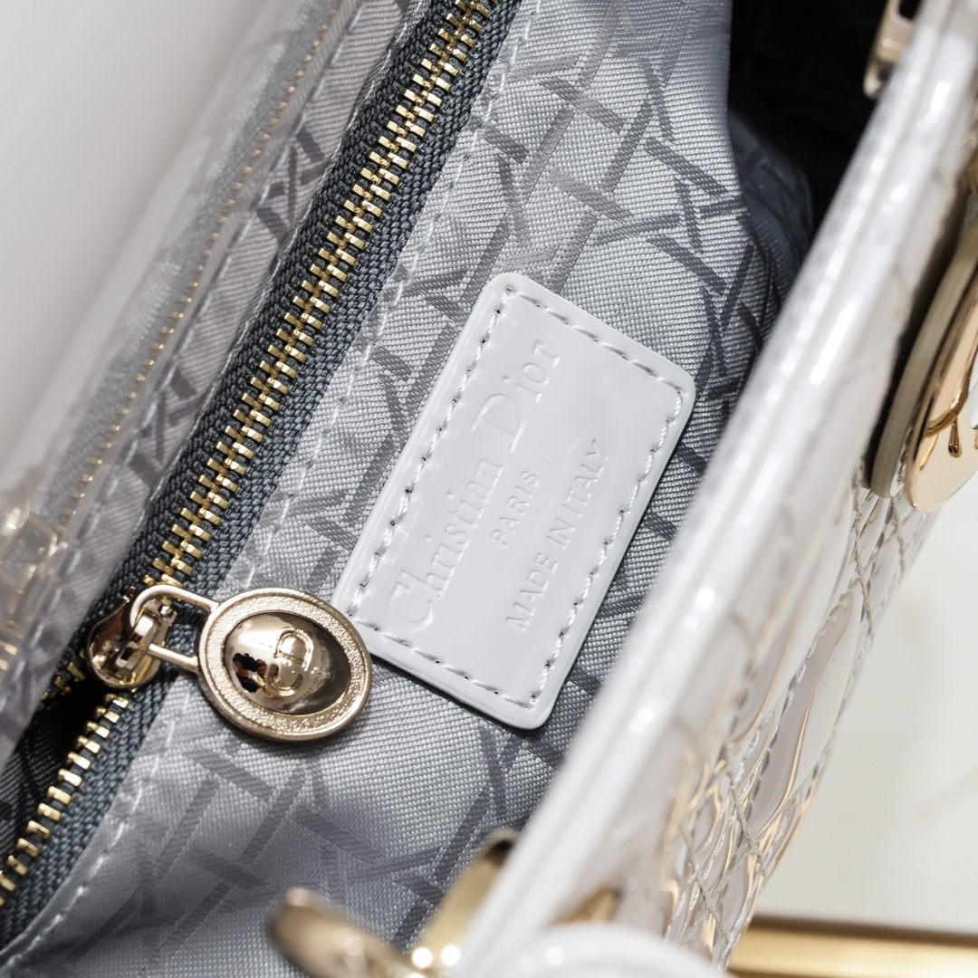 D Inspired Small Lady D Inspired Bag Powder White Patent Cannage Calfskin Golden Hardware - Bag - Gorchic - $144.99