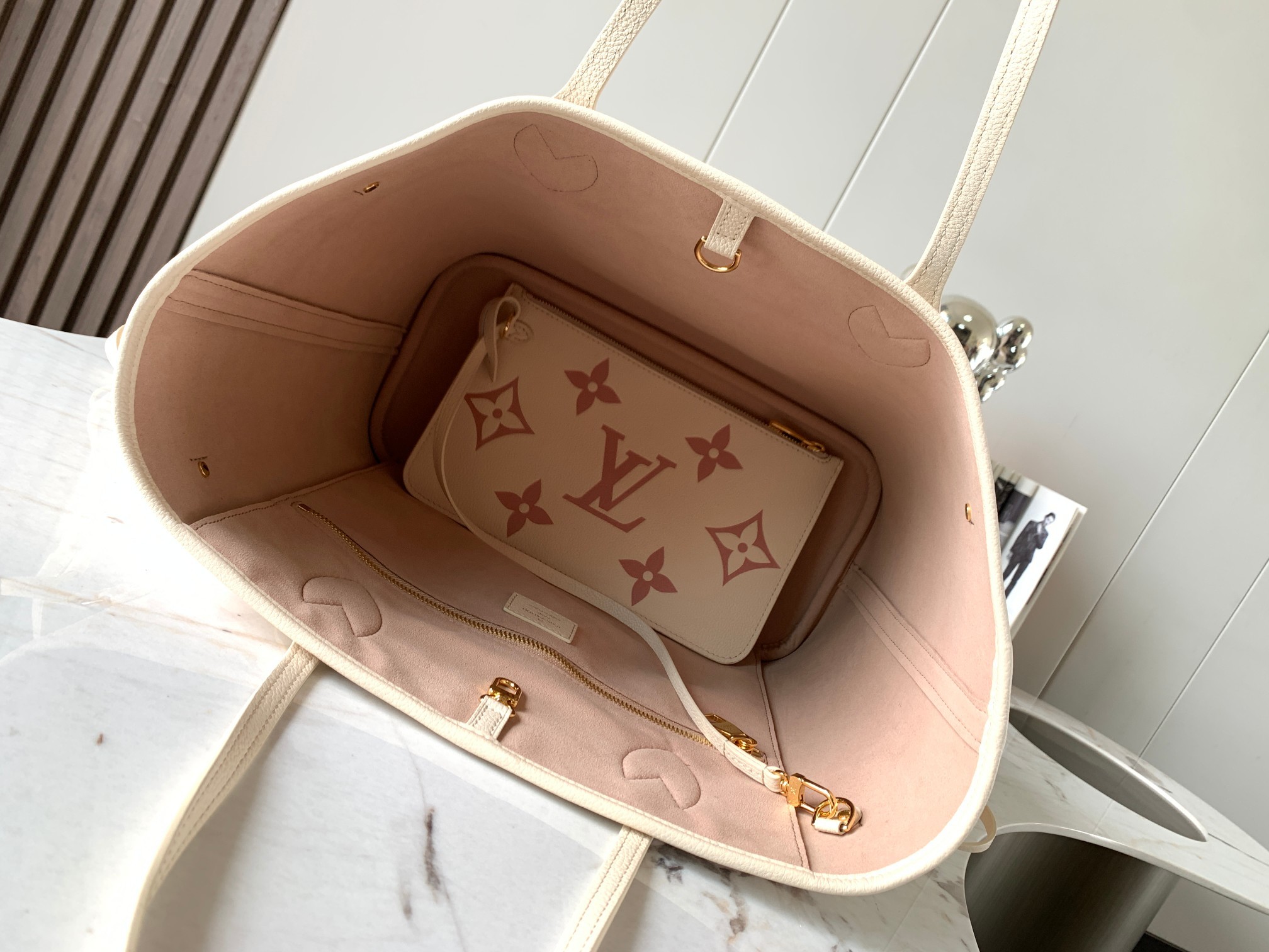 Designer Monogram Neverfull Pink and White Embossed Medium Shopping Bag - Gorchic - $124.99