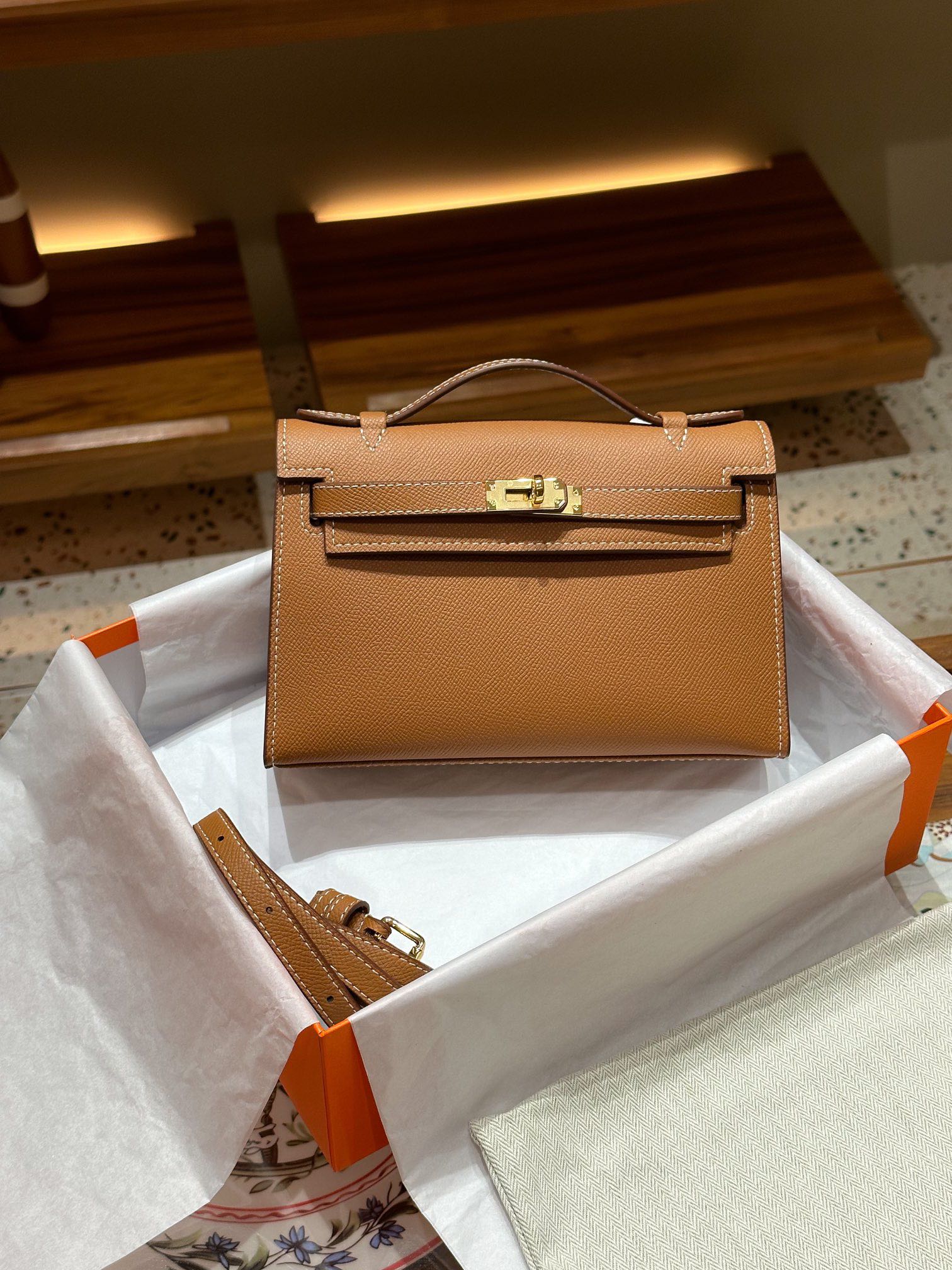 H-Inspired Kelly Mini 1st Kelly Pochette Generation Epsom Palm Leather-Golden Brown - Gorchic - $146.99