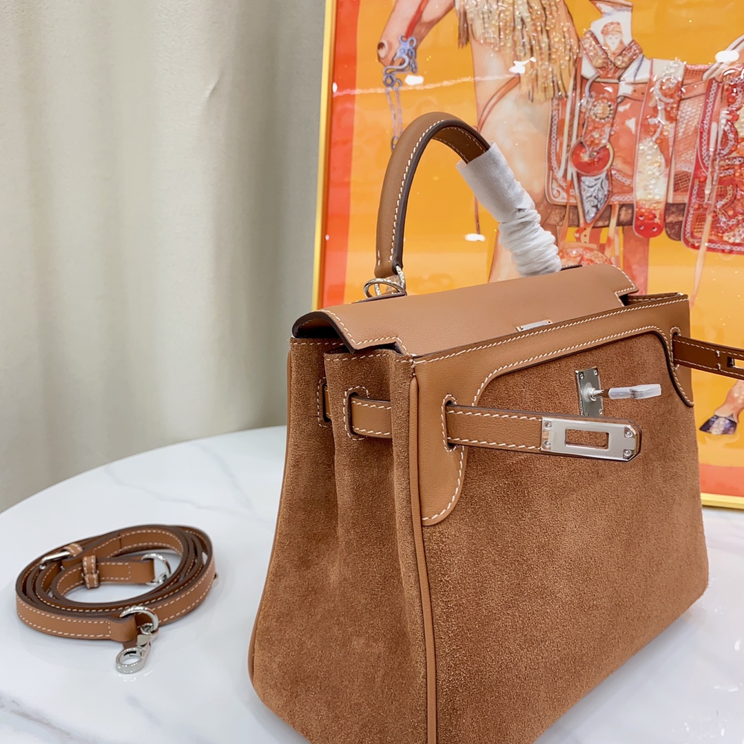 H-Inspired Kelly Haze Brown Suede - Handbags - Gorchic - $230.99