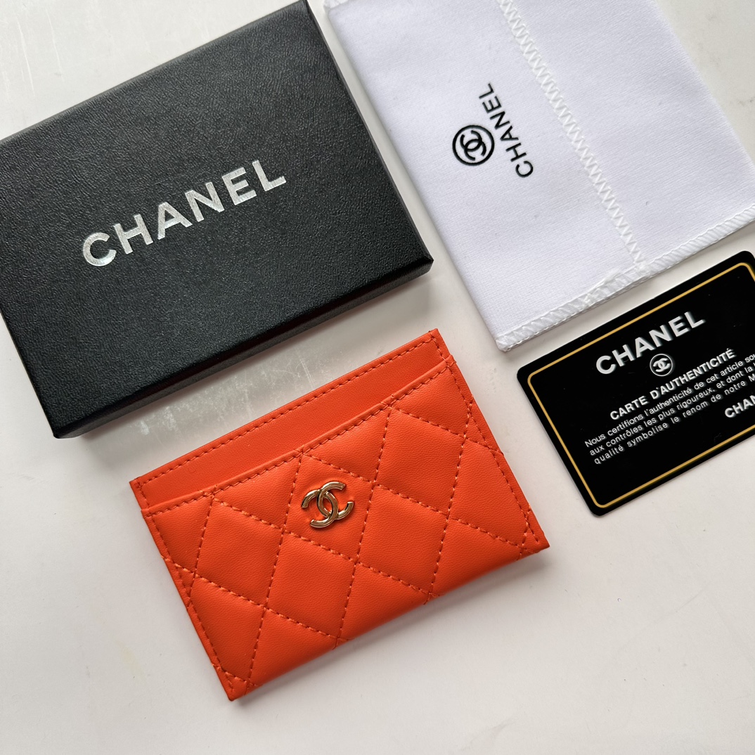 CC Inspired CLASSIC CARD HOLDER Grained Calfskin Orange Wallet - Gorchic - $37.99