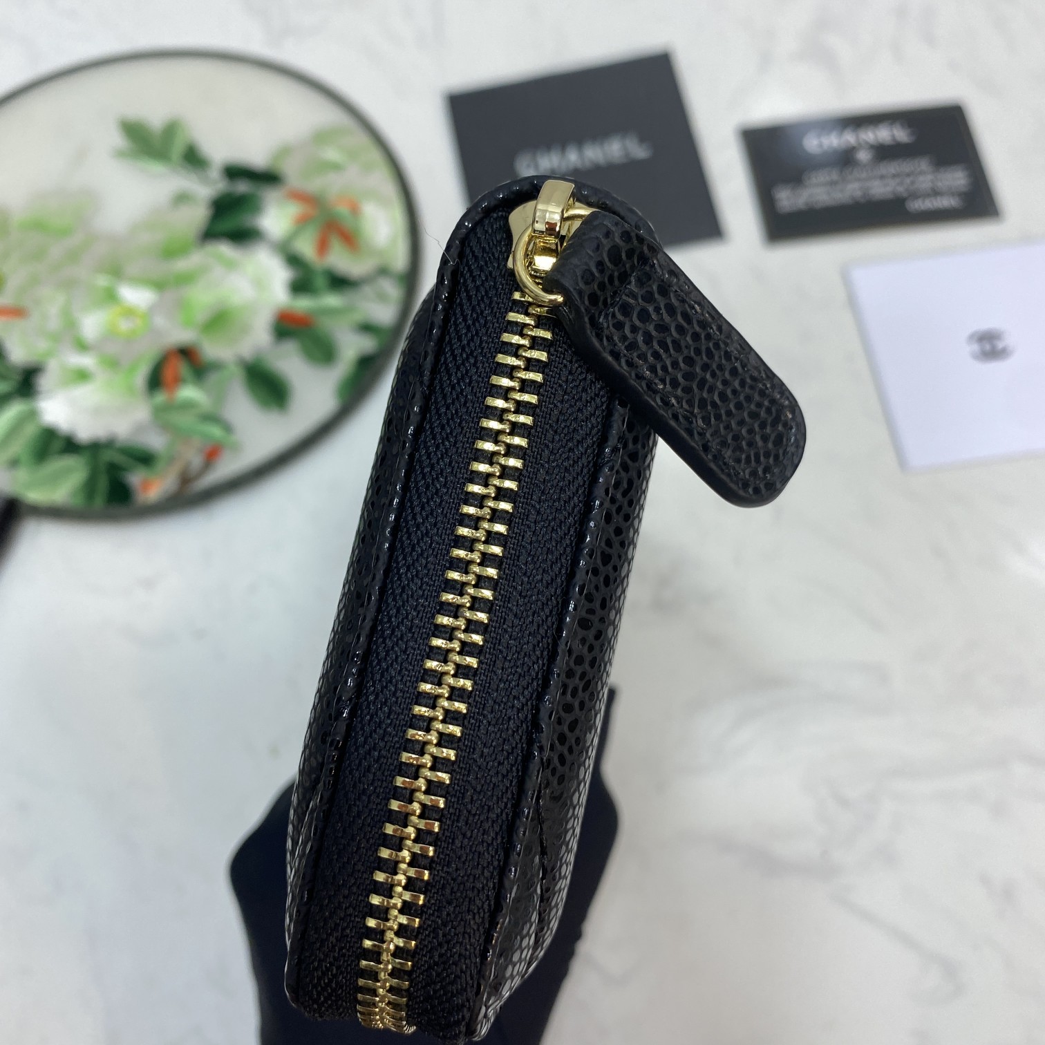 CC Inspired Boy Zip Around Wallet Quilted Caviar Long-Fishseed Pattern Gold Wallet - Gorchic - $52.99